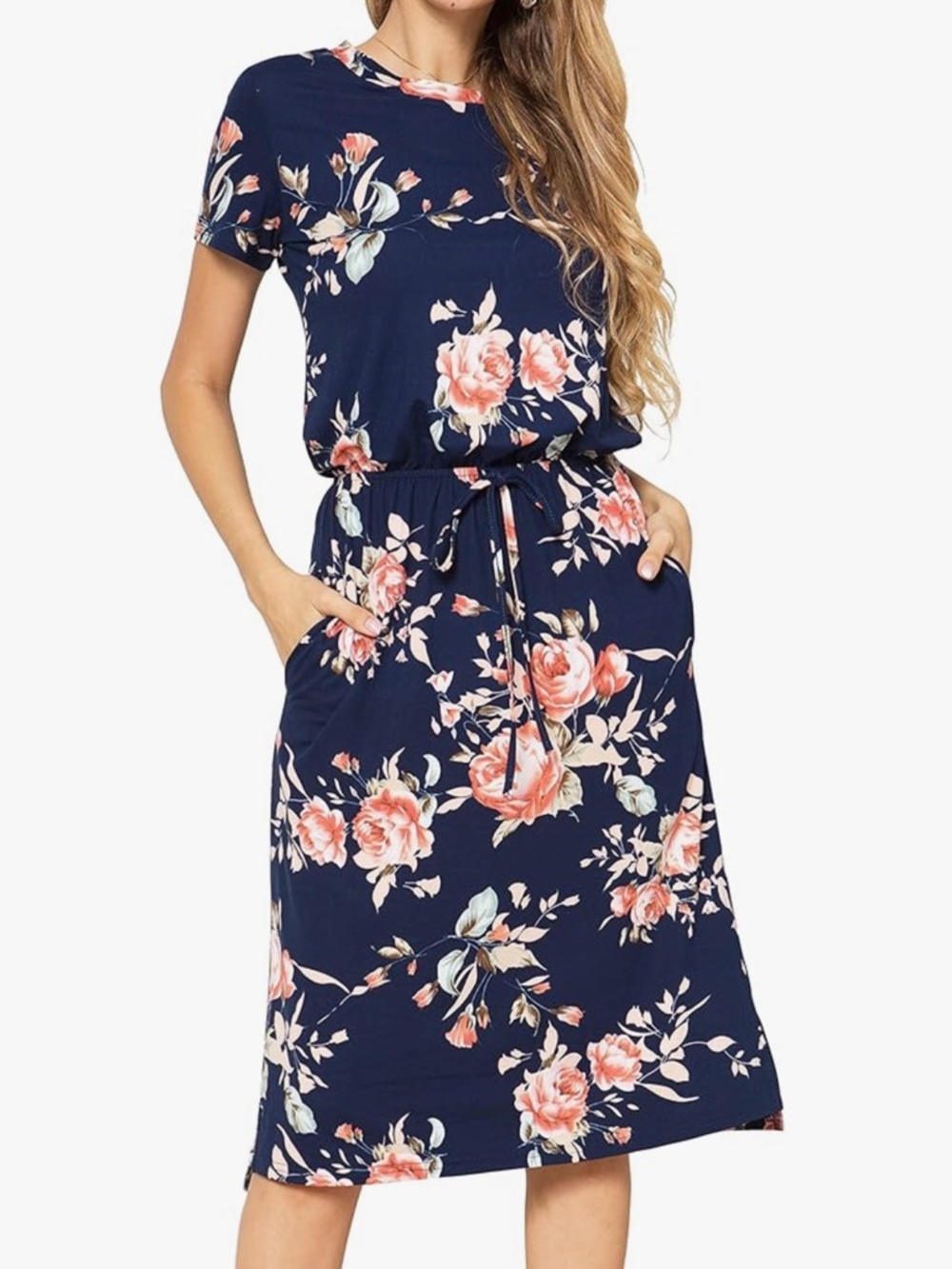 Simier Fariry Spring Floral Midi Dress Short Sleeve Drawstring With Pocket Small